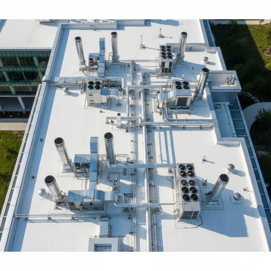 A complex commercial roof on a bioscience facility with many HVAC units, vents, and pipes meticulously flashed.