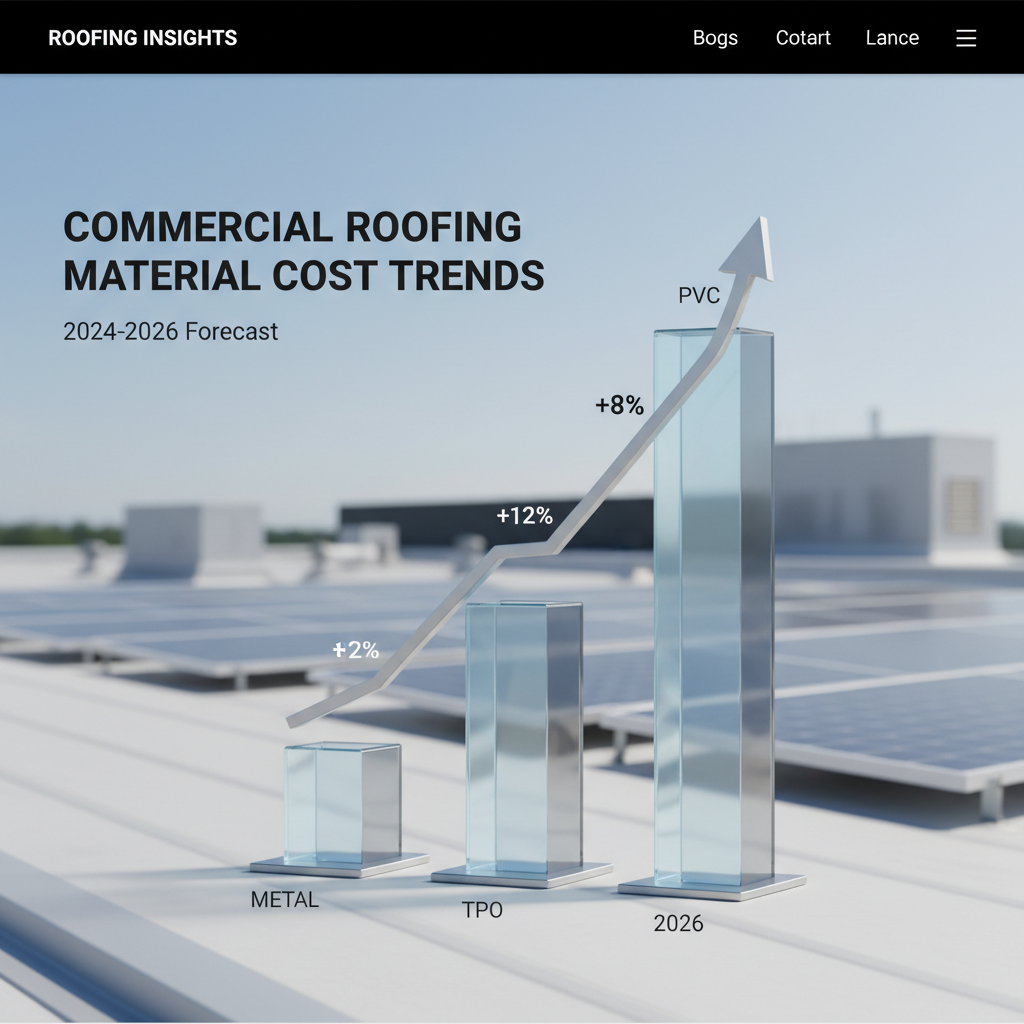 Chart showing commercial roofing material price increases for TPO, PVC, and metal roofing from 2024 to 2026.