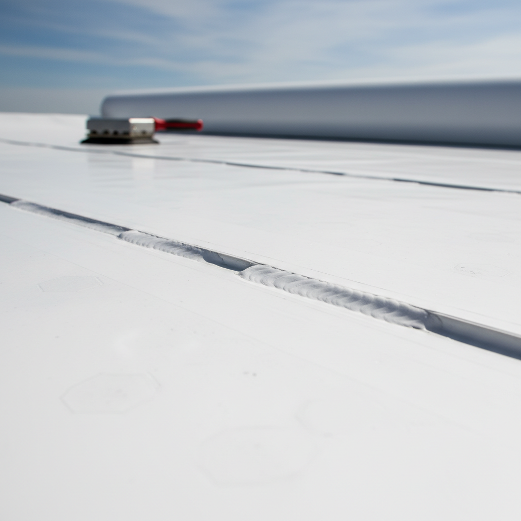 Technical close-up of a white PVC roofing membrane with professional heat-welded seams.