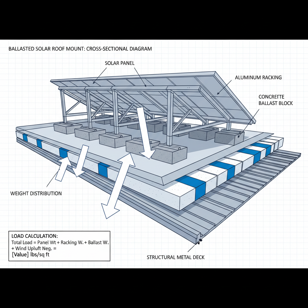 Technical diagram of ballasted solar mounting system showing weight distribution and structural loads