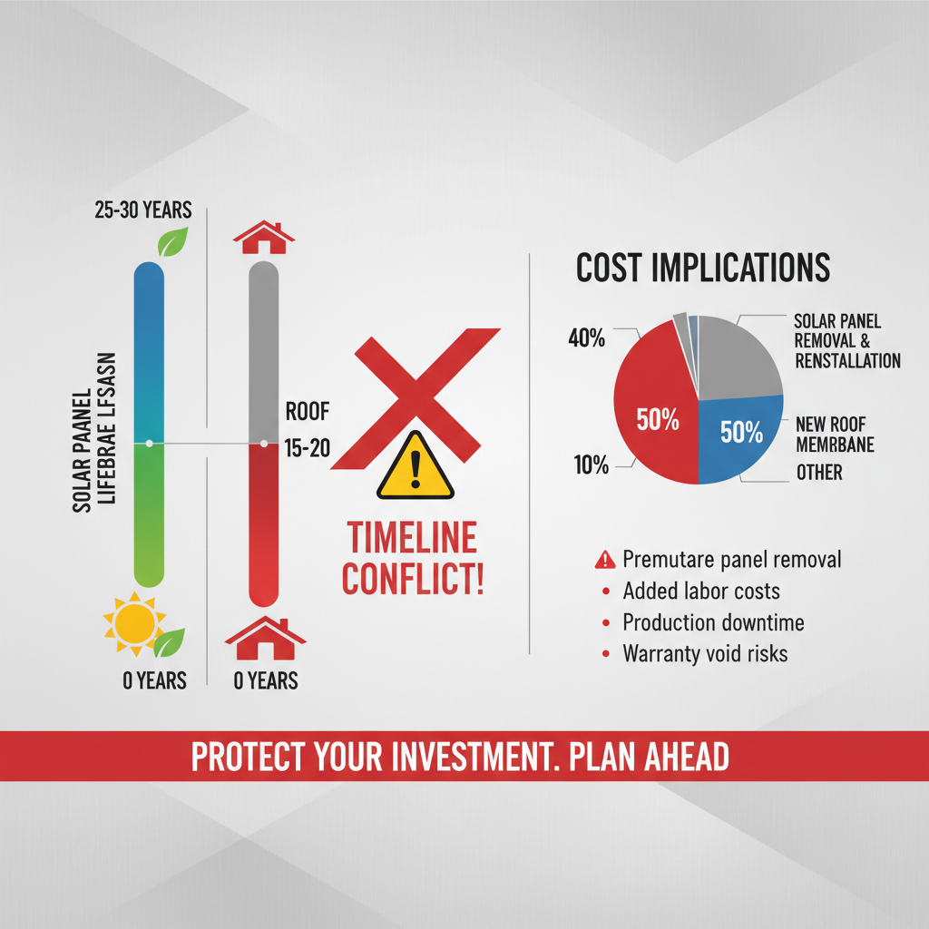 Infographic showing timeline conflict between solar panel and roof membrane lifespans with cost warnings