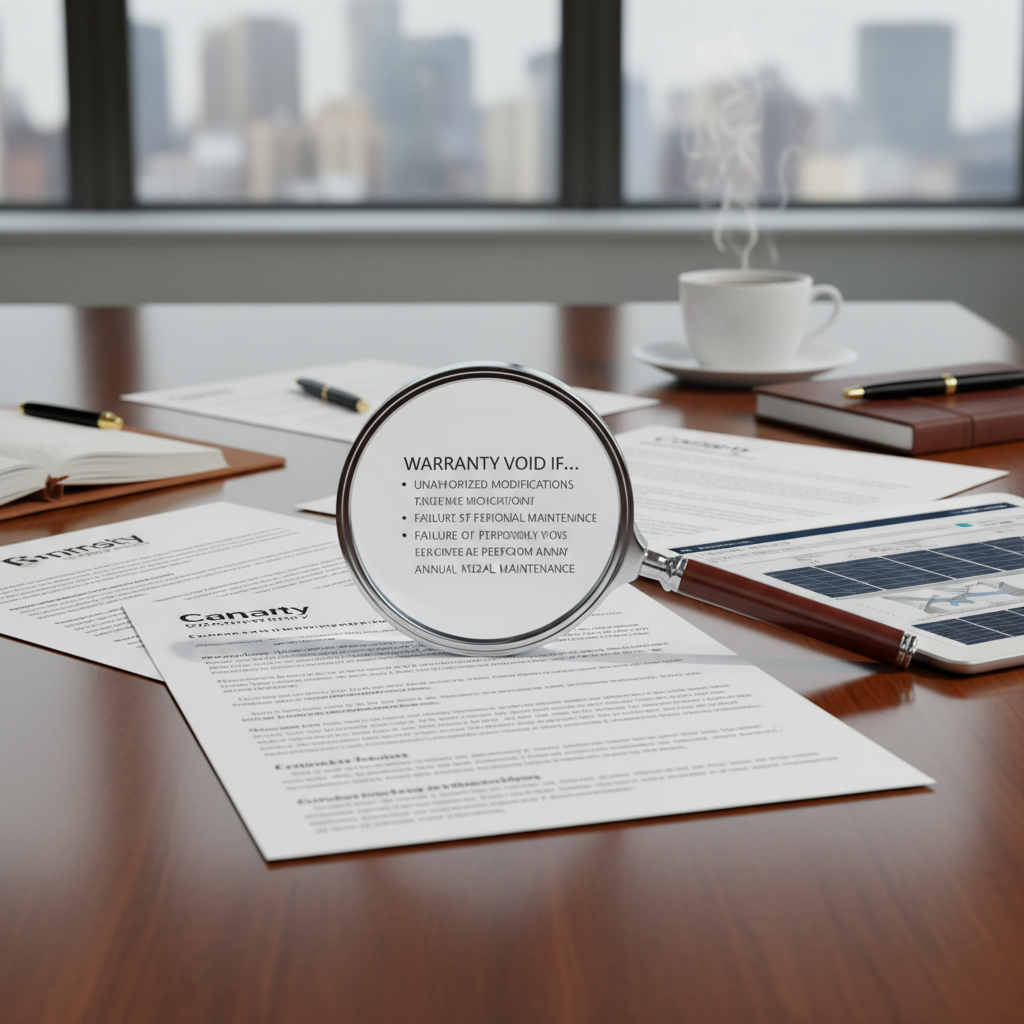 Commercial roof warranty documents and solar contracts on desk with magnifying glass highlighting warranty terms