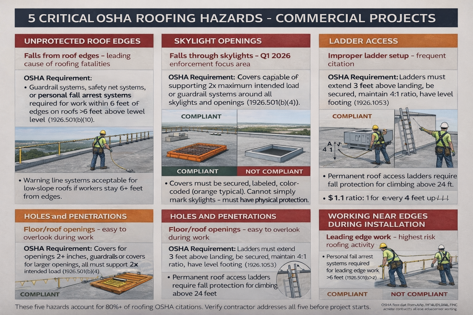 Illustrated guide showing five critical OSHA roofing hazards: unprotected edges, skylight openings, ladder access, holes/penetrations, and leading edge work with compliance requirements for each