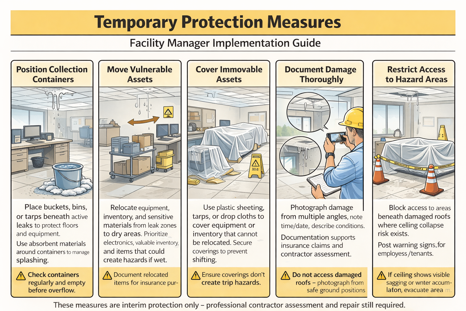 Illustrated guide showing five temporary roof leak protection measures facility managers can implement: containment, equipment relocation, asset covering, damage documentation, and hazard area restriction