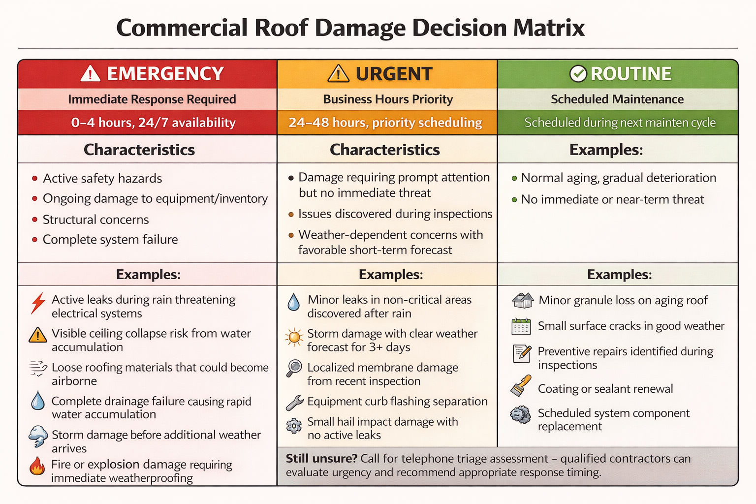 Decision matrix table showing emergency vs urgent vs routine commercial roof damage categories with response times, characteristics, and specific examples