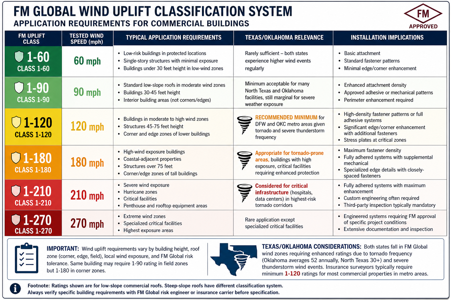 FM Global wind uplift classification table showing ratings from 1-60 to 1-270 with wind speeds, application requirements, and Texas/Oklahoma tornado exposure recommendations