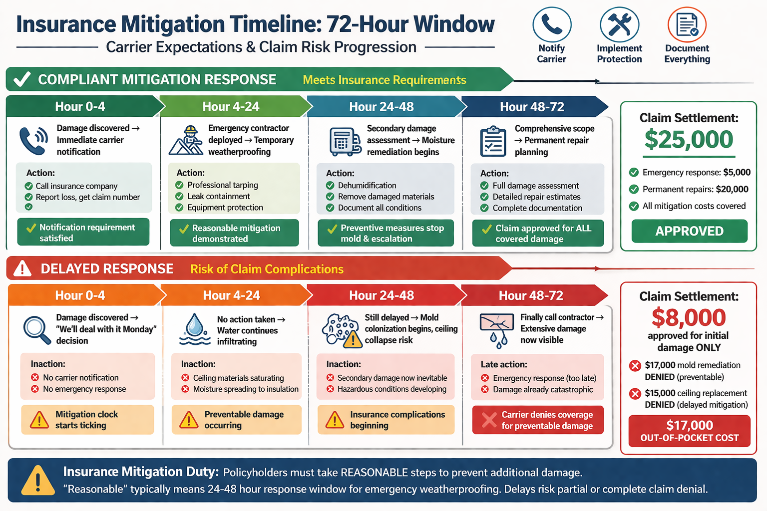 Dual timeline comparing compliant insurance mitigation response with full claim approval versus delayed response resulting in partial claim denial for preventable damage