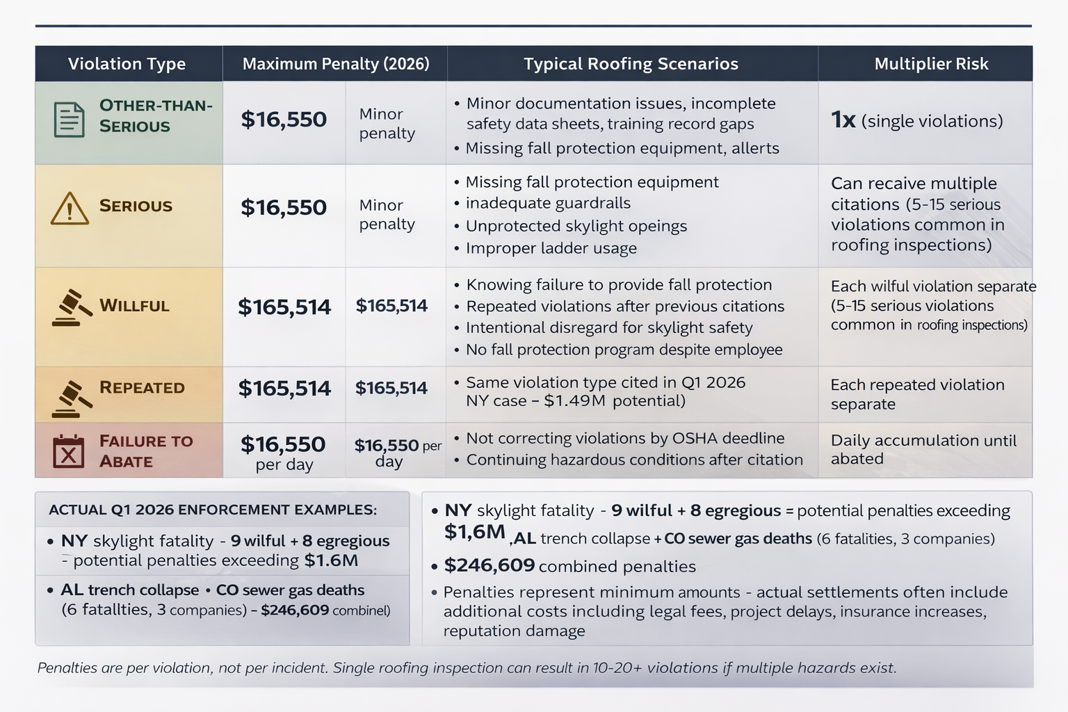 OSHA penalty structure table showing 2026 violation types from $16,550 serious violations to $165,514 willful violations with roofing-specific examples and multiplier risks