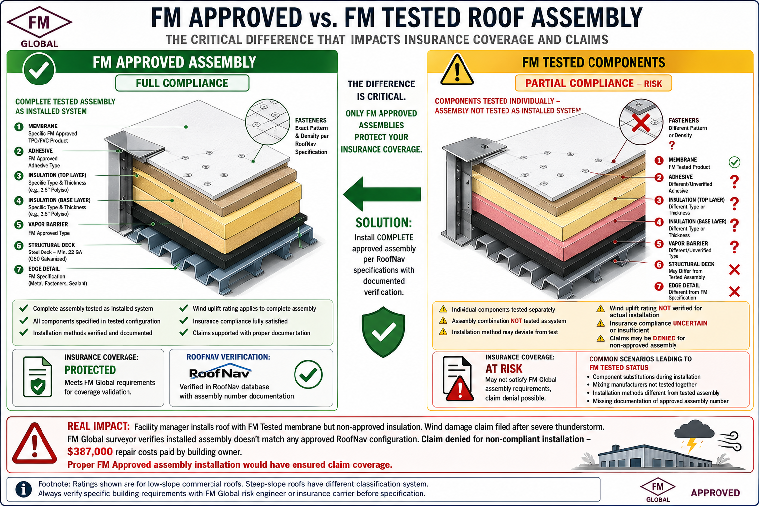 Side-by-side comparison showing FM Approved assembly with complete system testing and insurance protection versus FM Tested components with claim denial risk from non-approved configuration