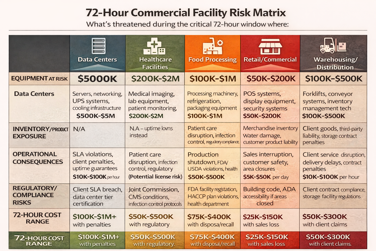 Risk matrix table showing facility-specific consequences during 72-hour window for data centers, healthcare, food processing, retail, and warehousing including equipment at risk, operational impacts, and cost ranges
