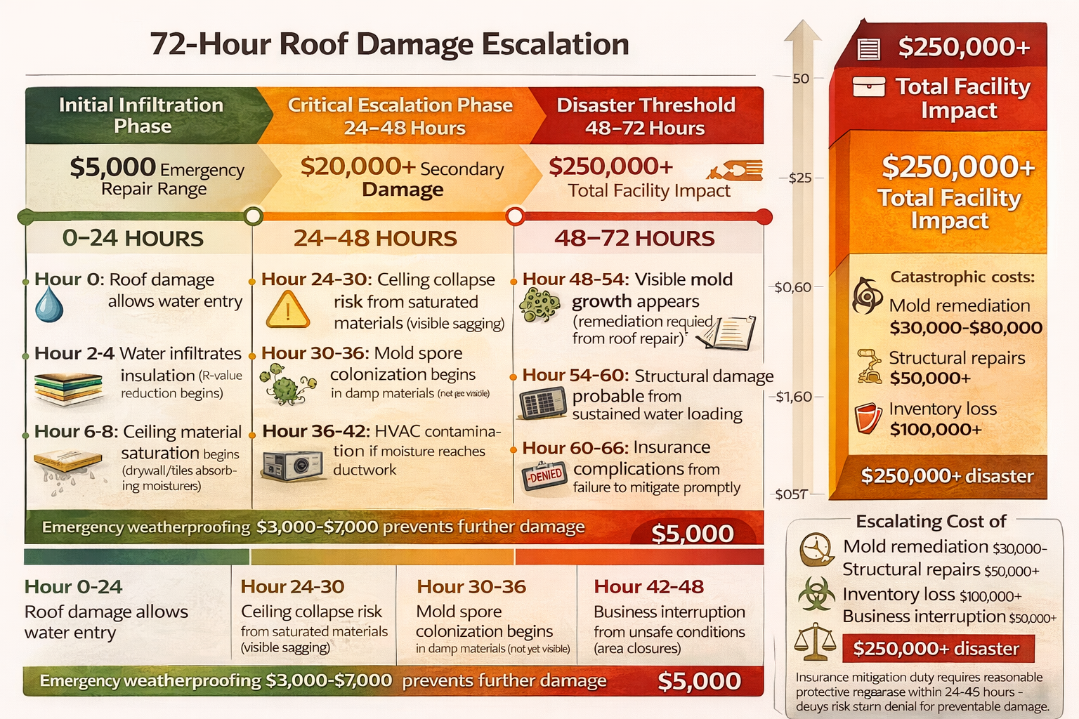Timeline infographic showing 72-hour commercial roof damage escalation from $5,000 emergency repair to $250,000 facility disaster with hour-by-hour progression markers and cost accumulation