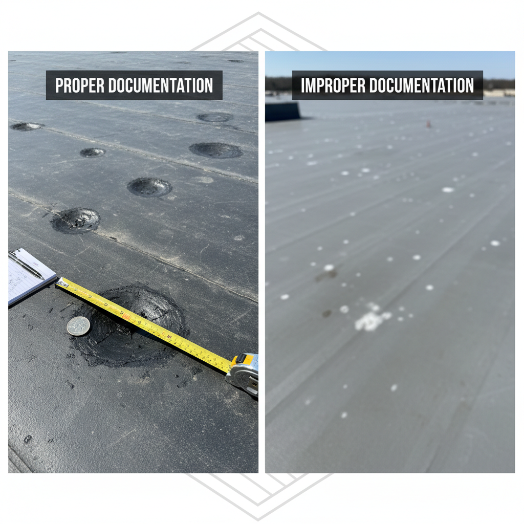 Comparison of proper vs improper storm damage documentation photos showing scale and clarity differences