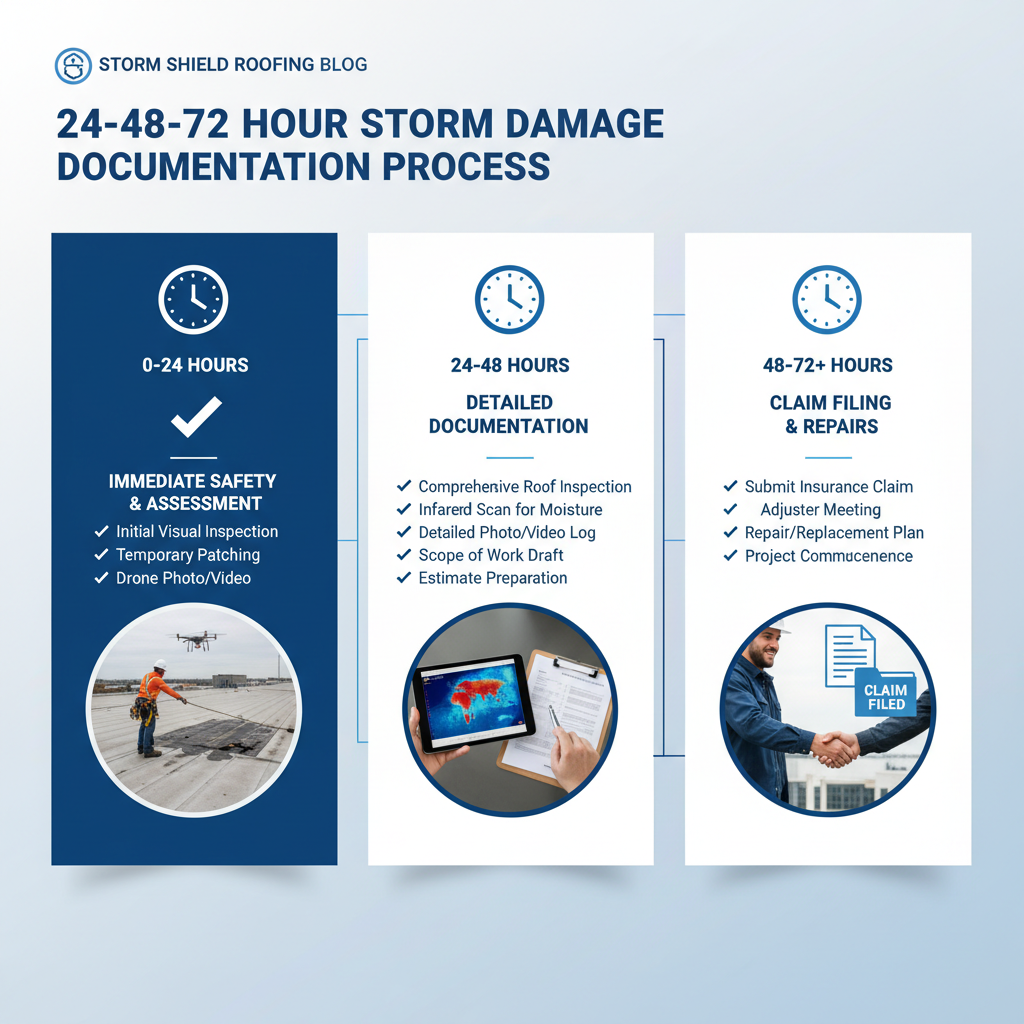 Timeline infographic showing 24-48-72 hour storm damage documentation process for commercial roofs