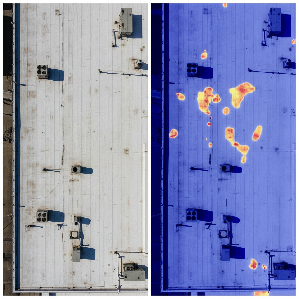 Split-screen image comparing a normal photo of a roof with a post-sunset thermal scan showing moisture hot spots.