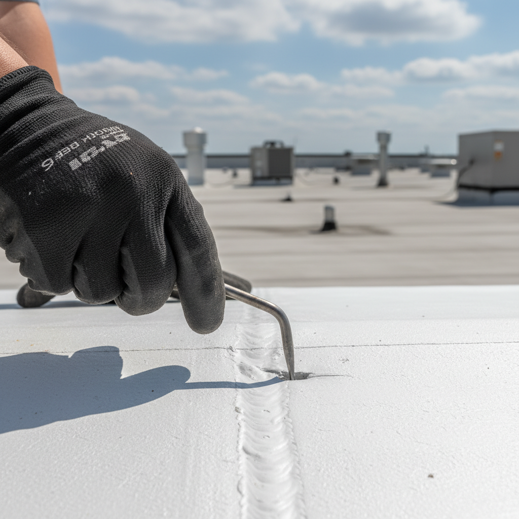 A roofing professional uses a seam probe to manually check the integrity of a white TPO roof seam.