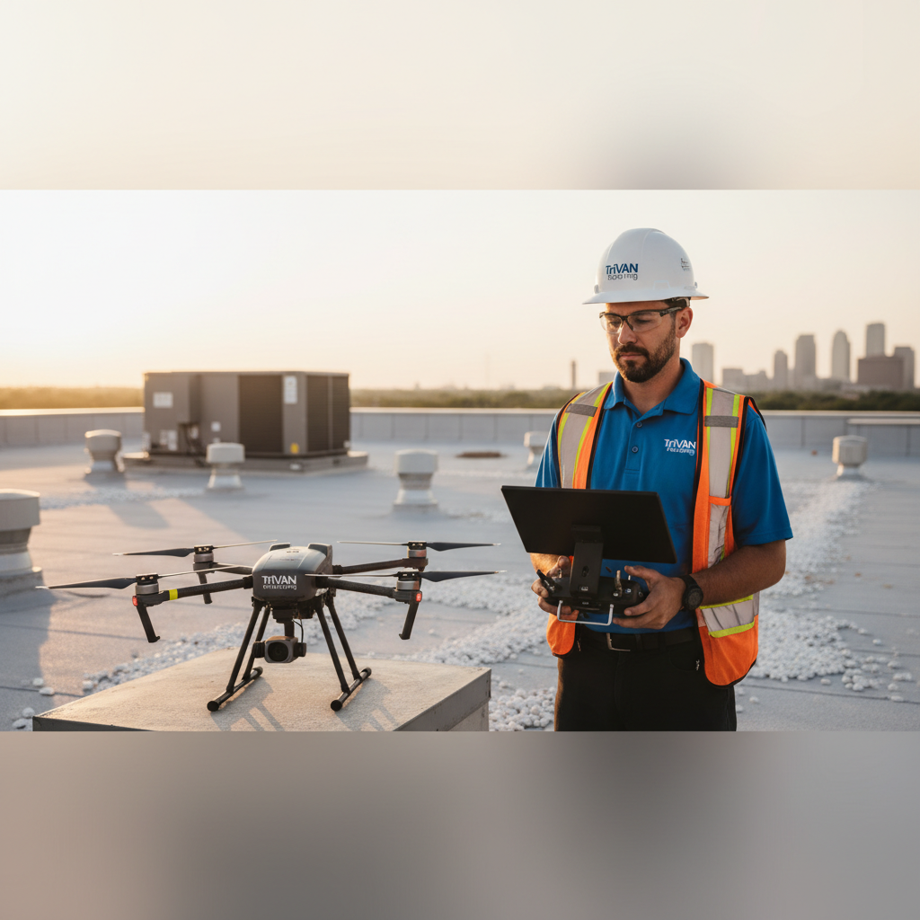 A certified and insured TriVAN Roofing drone pilot prepares for a commercial roof inspection.