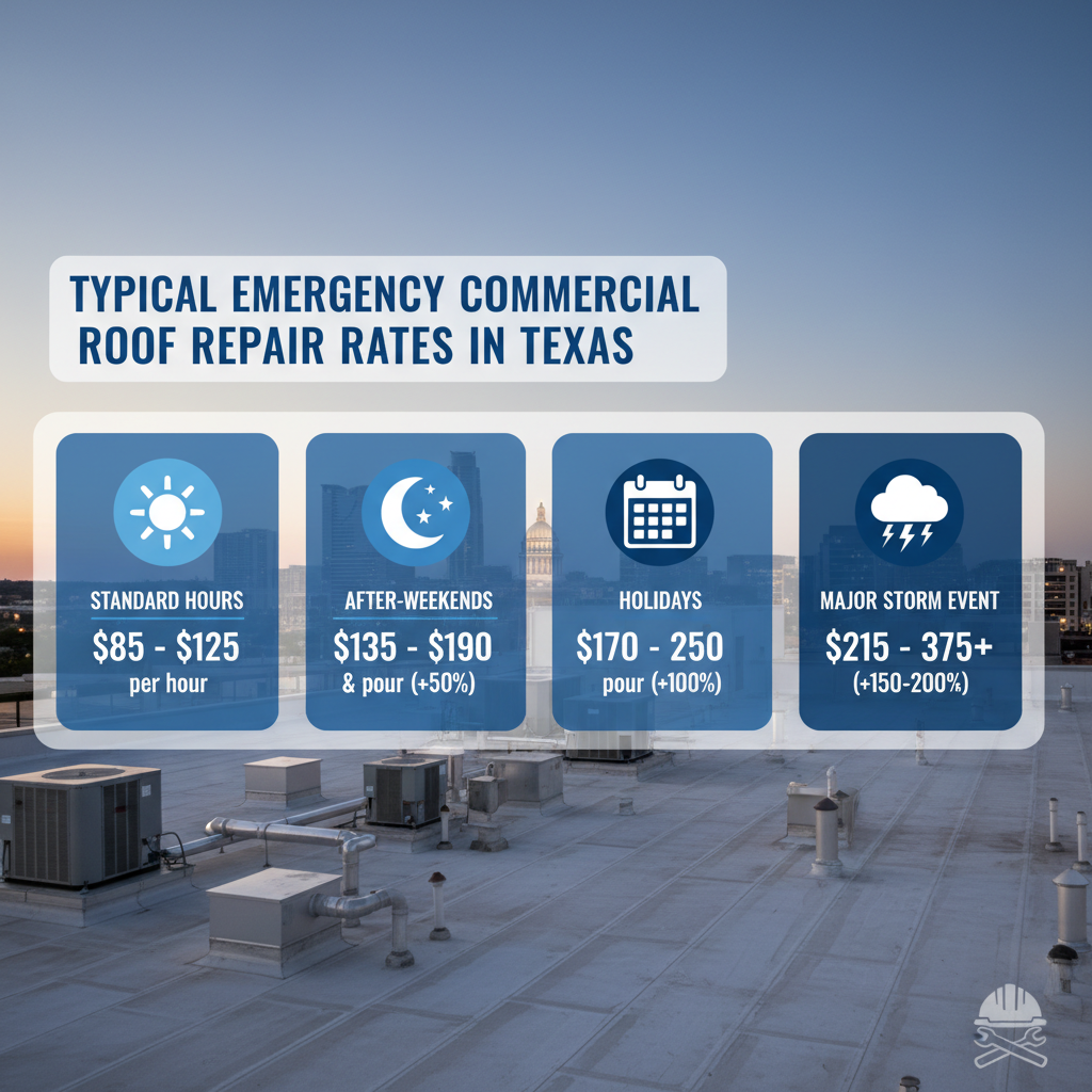 Infographic showing the cost per hour for emergency commercial roof repair in Texas during different times.