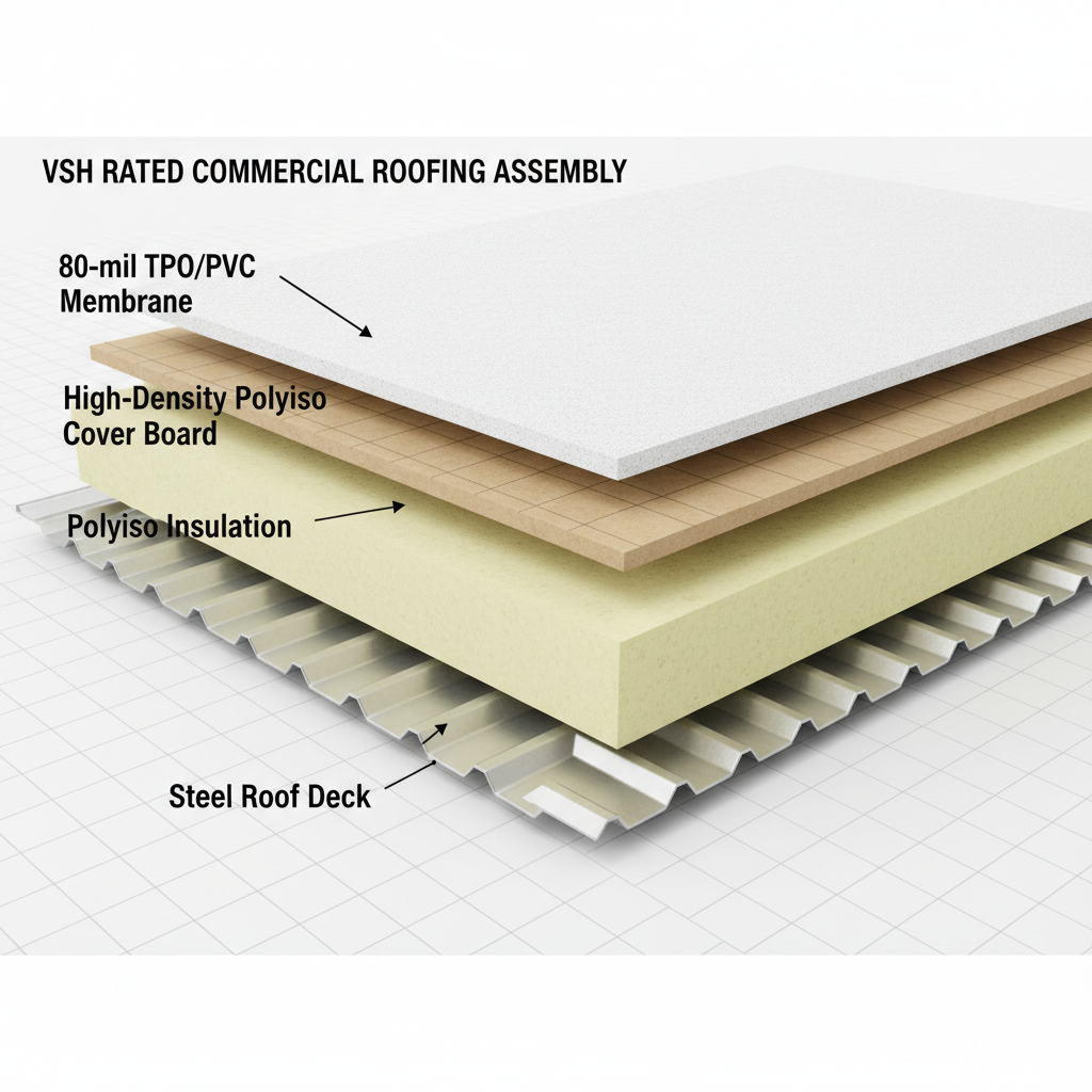 Cross-section diagram of an FM Global VSH-rated roof assembly showing membrane, cover board, and insulation layers.