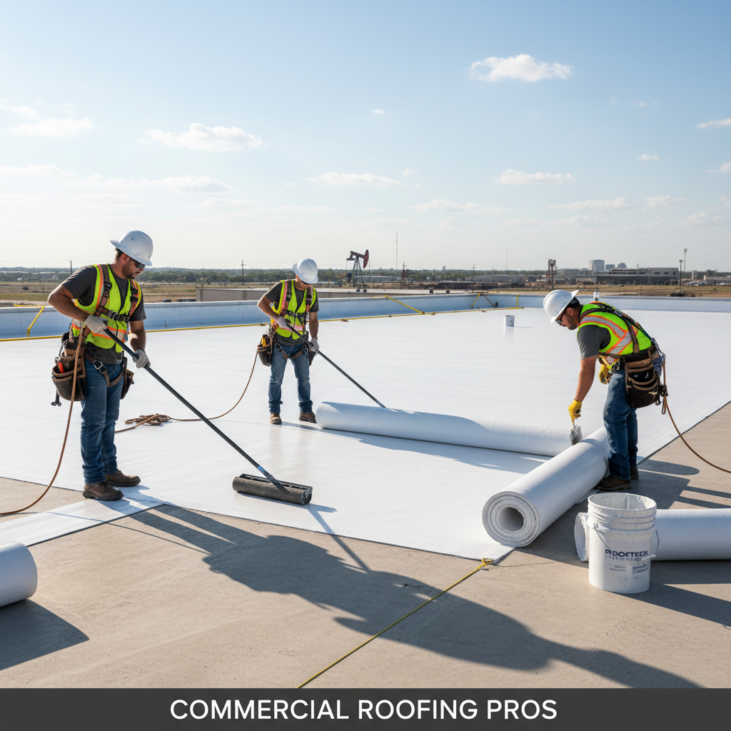 A professional roofing crew installing a fully adhered white TPO membrane on a large commercial building.