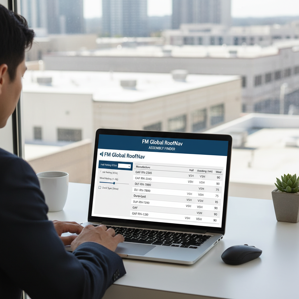 A laptop screen displaying the FM Global RoofNav database with filters for VSH hail rating and approved assemblies.