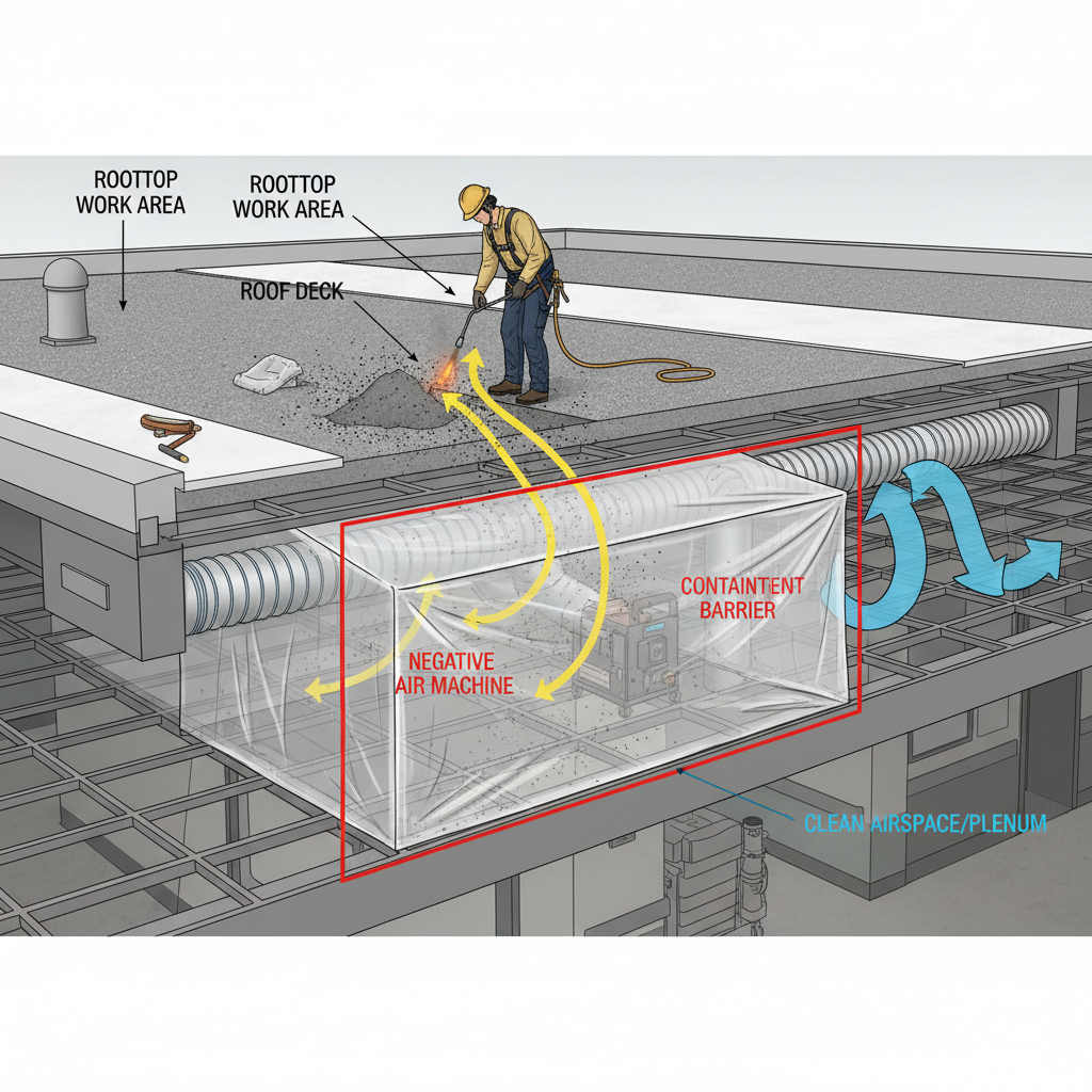 Diagram showing ICRA Level IV containment with a negative air machine protecting a hospital interior from roof debris.