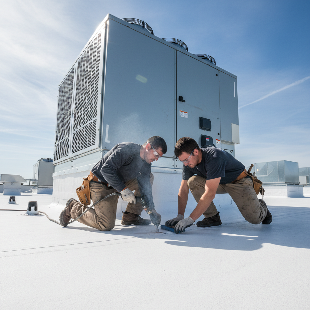 TriVAN Roofing contractors performing detailed flashing work around a large hospital HVAC unit in Oklahoma City.