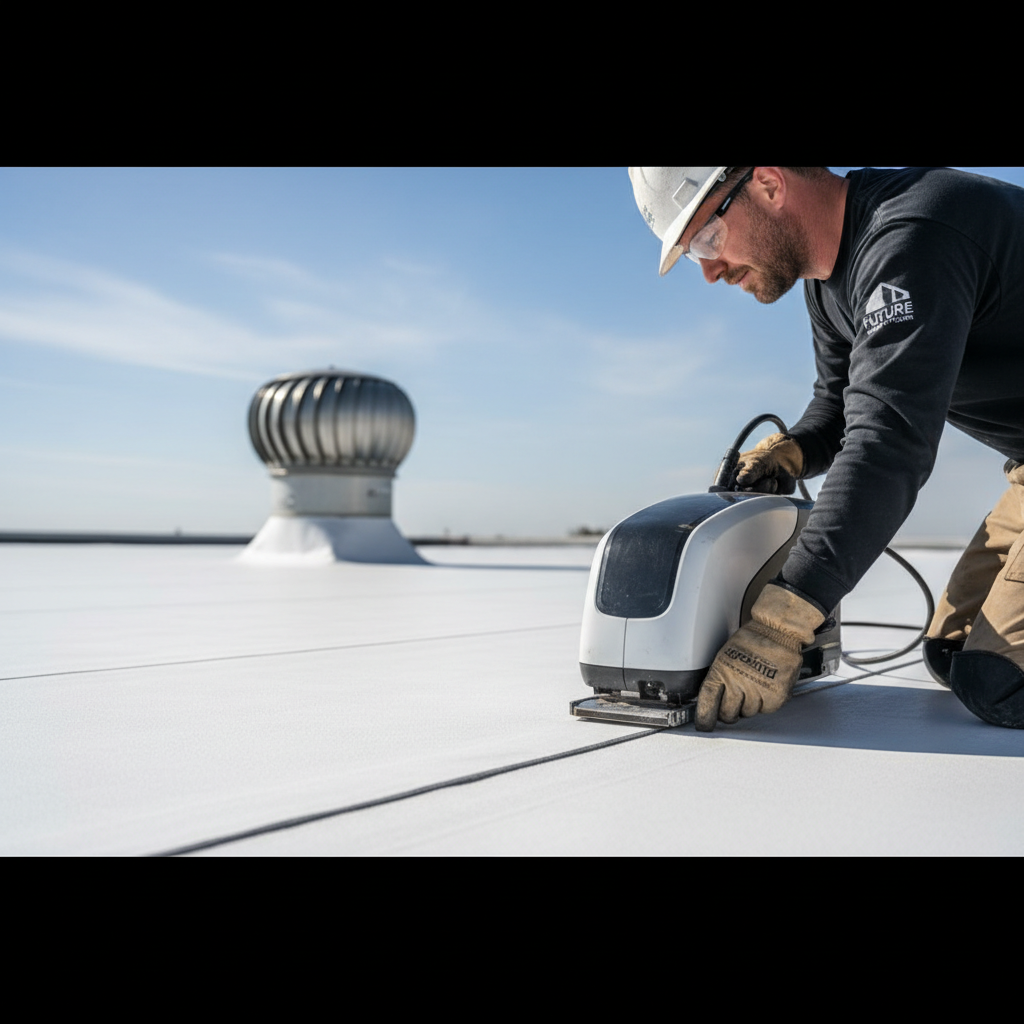 A contractor uses a robotic heat welder on a white Duro-Last PVC roof, a low-VOC solution for hospitals.