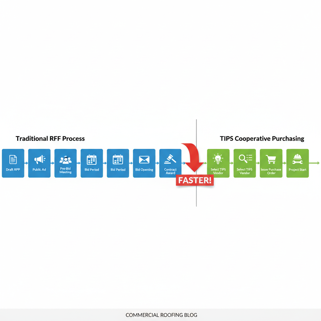 Infographic comparing the long traditional RFP process to the shorter, streamlined TIPS purchasing process.
