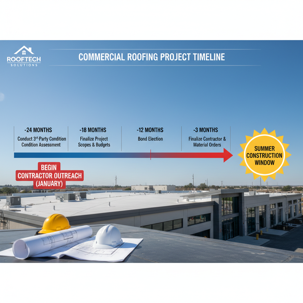 A 36-month timeline graphic for school roofing projects, highlighting the January contractor outreach deadline.
