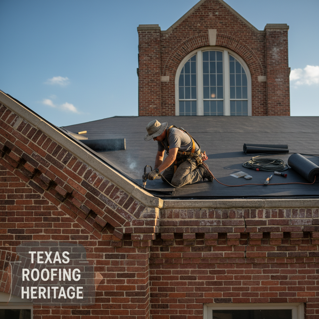 A roofer carefully installing a new roof on a historic brick school building with intricate architectural details.