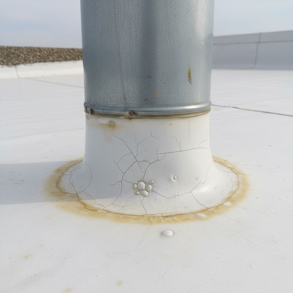 Close-up of a discolored and blistering white roof membrane around an industrial exhaust vent base.