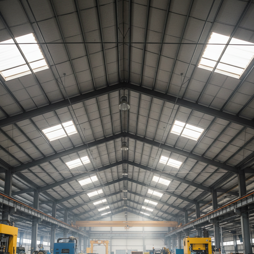 View looking up at the interior ceiling of a factory, showing numerous skylights and smoke vents.