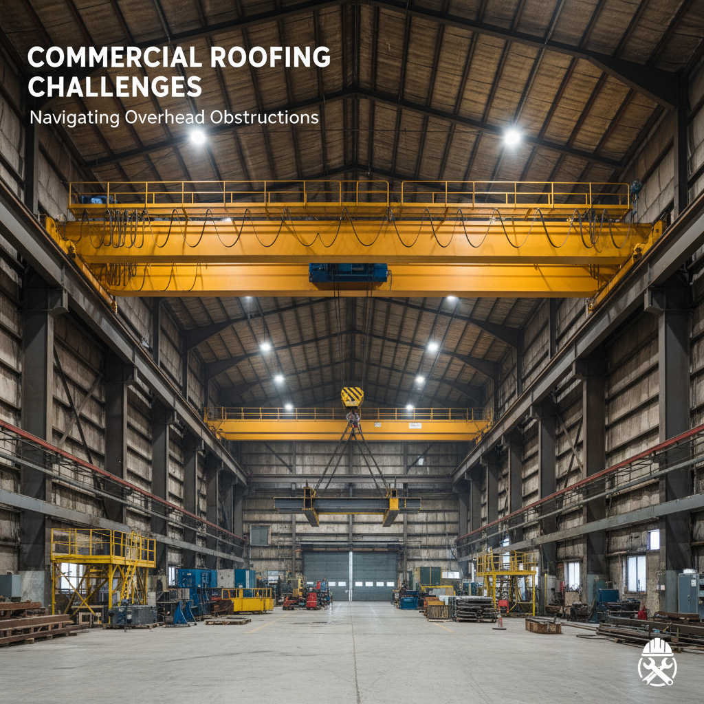 A large yellow overhead gantry crane operating inside a manufacturing facility, illustrating access constraints.