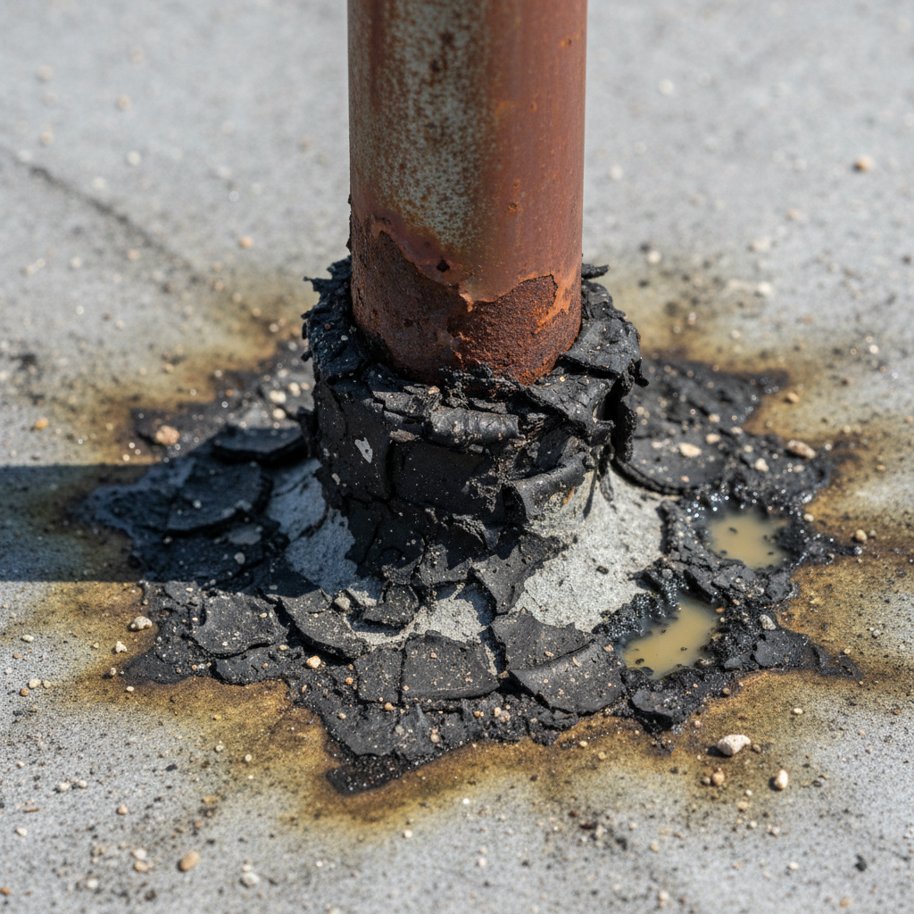 Close-up of a failed, leaking roof penetration sealed with cracked black tar on a commercial roof.