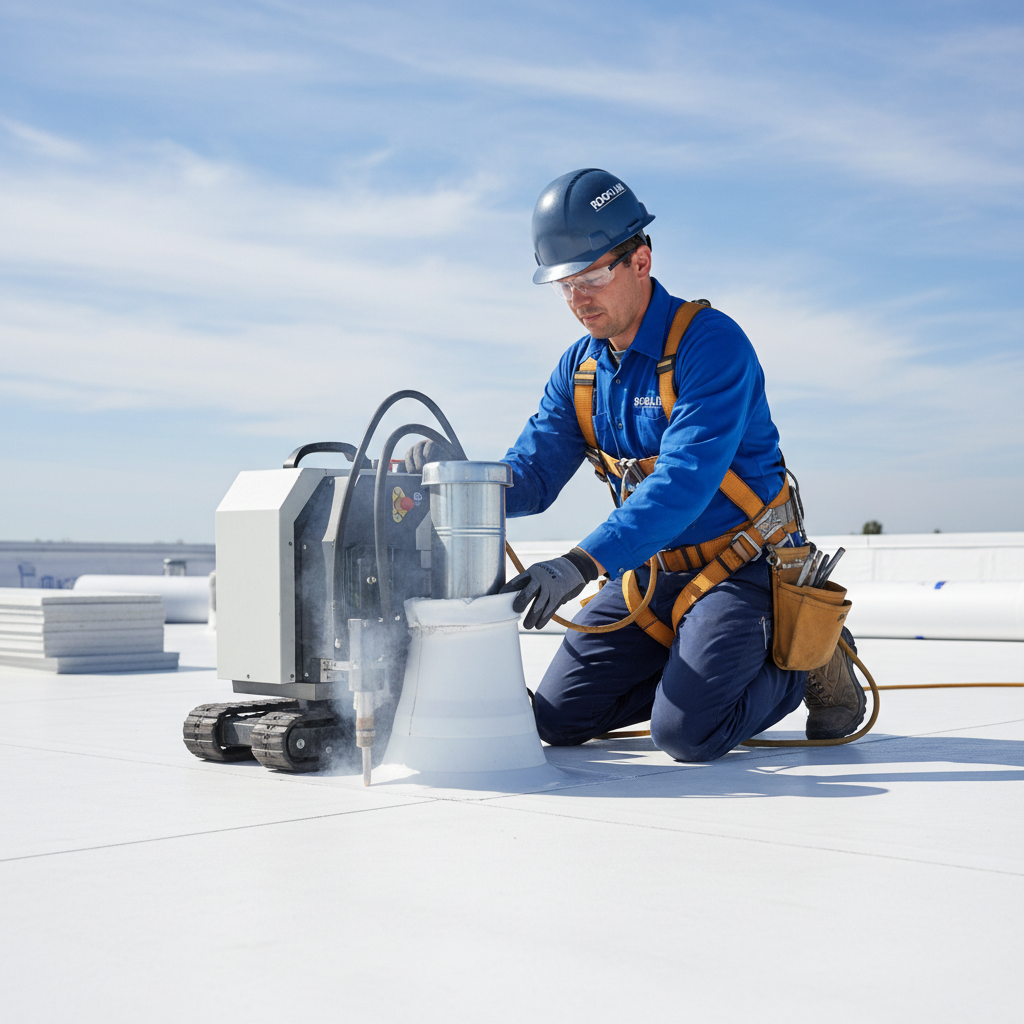 Certified roofer correctly heat-welding a manufacturer-specified white pipe boot onto a TPO commercial roof.