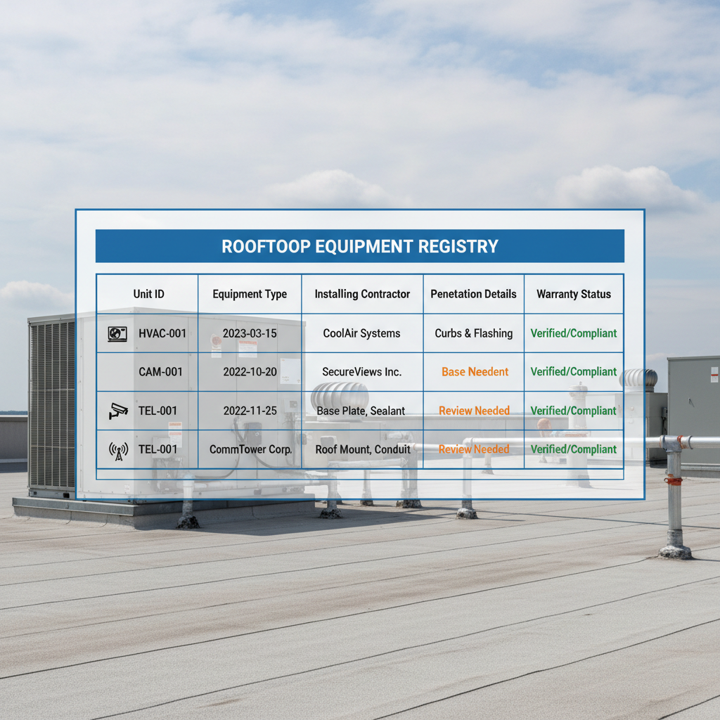 Infographic showing a sample Rooftop Equipment Registry spreadsheet for managing commercial roof assets and penetrations.