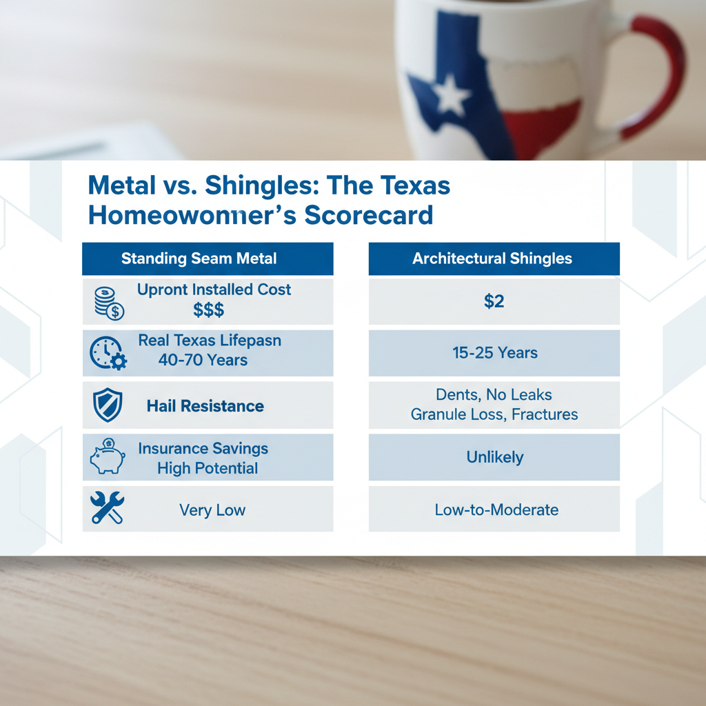 Infographic comparing metal vs. shingle roofs on cost, lifespan, hail resistance, and insurance savings in Texas.