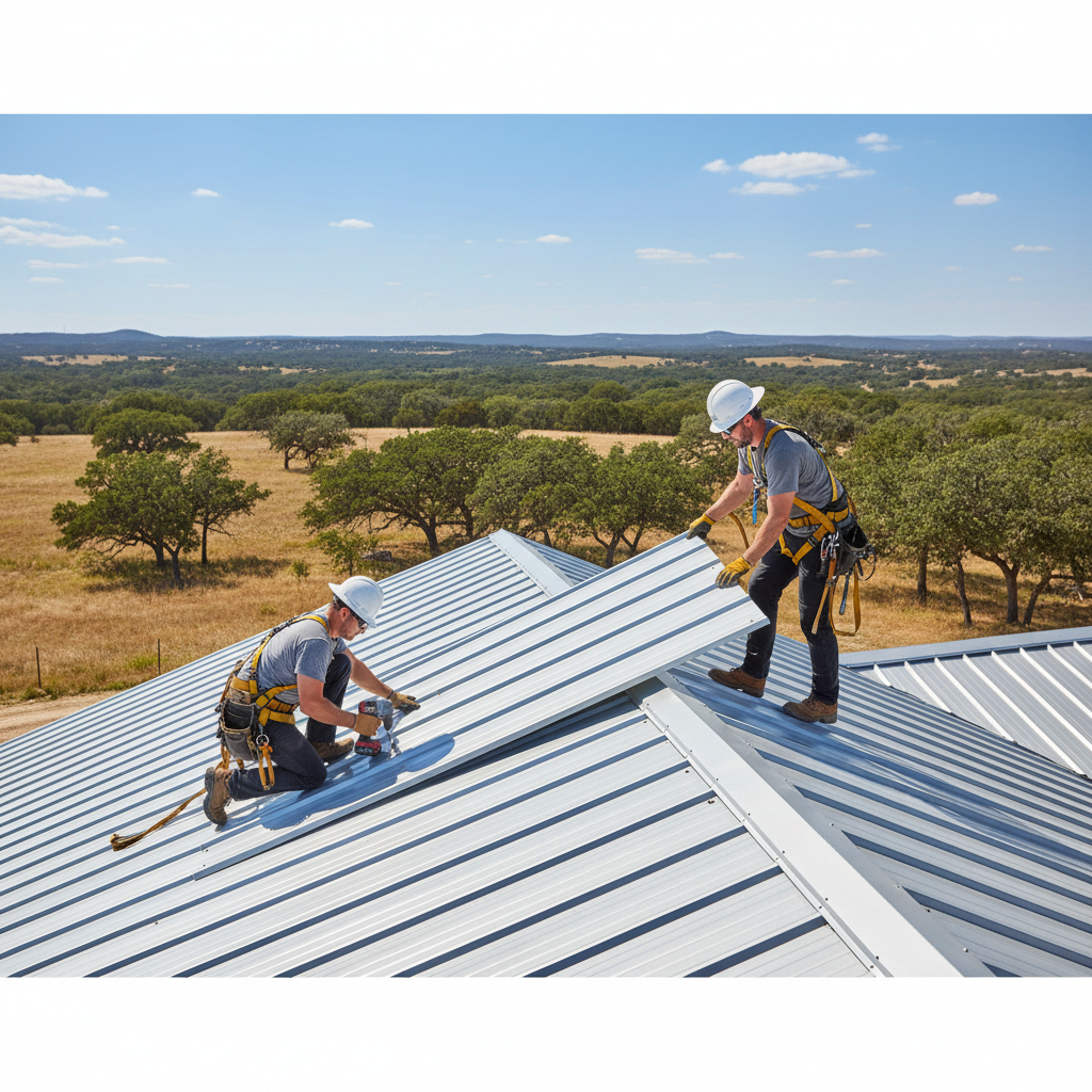 TriVAN Roofing crew performing a professional standing seam metal roof installation on a Texas home.