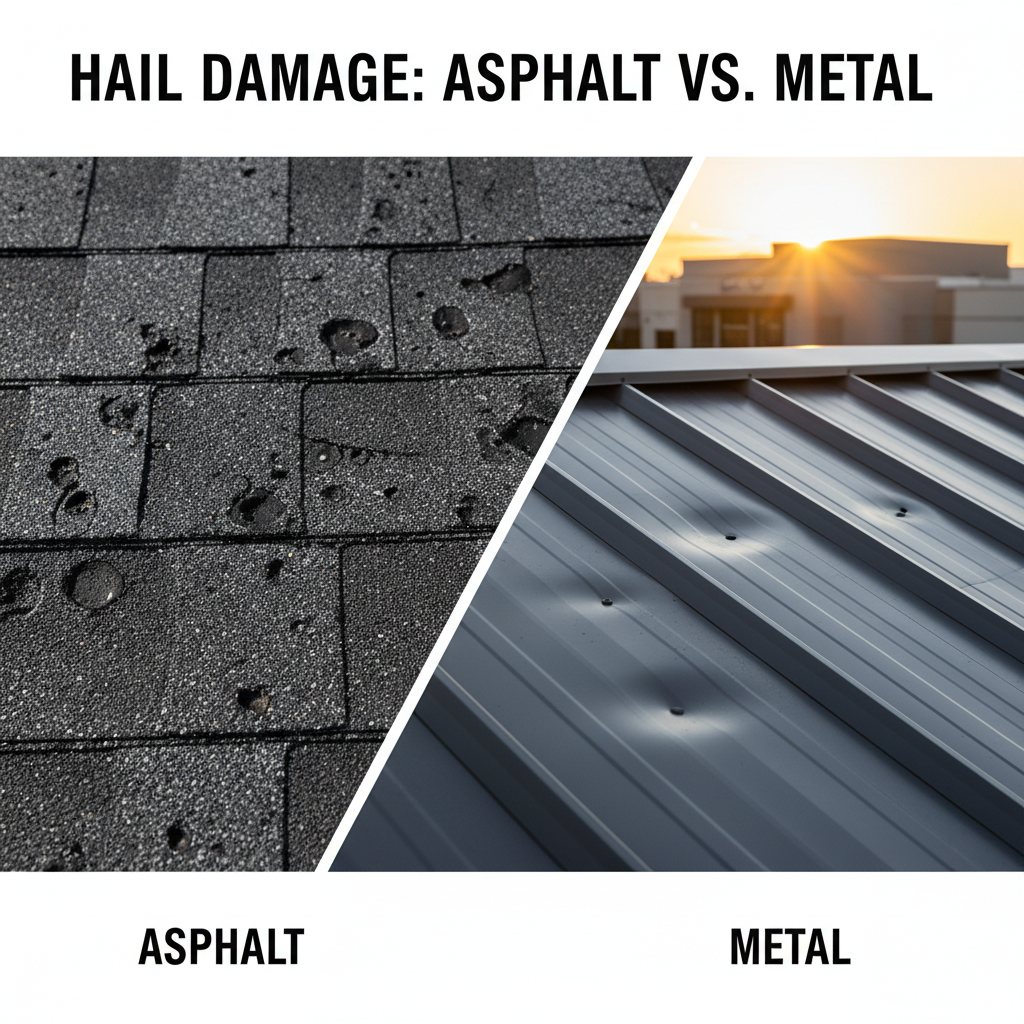 Close-up comparison of hail damage on an asphalt shingle versus a dented but intact metal roof panel.