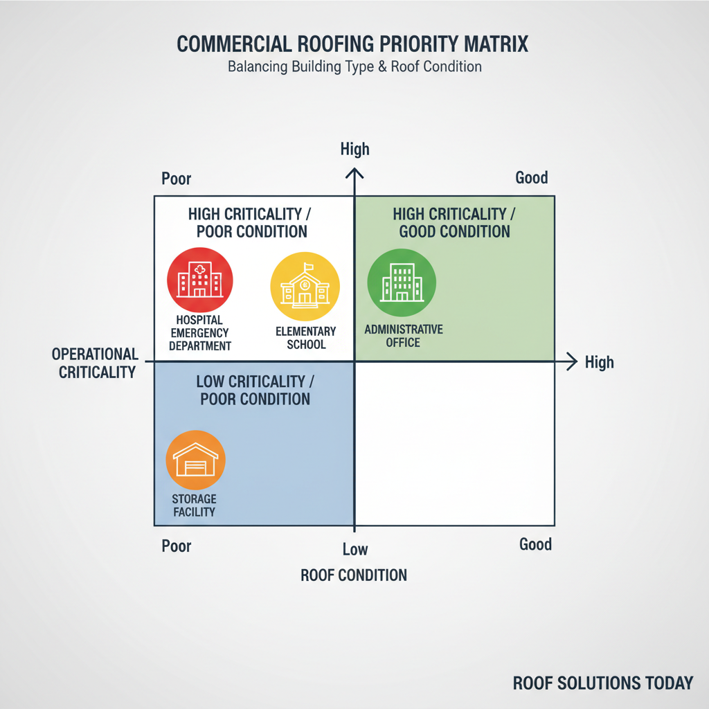 Building priority matrix showing criticality versus roof condition for strategic planning