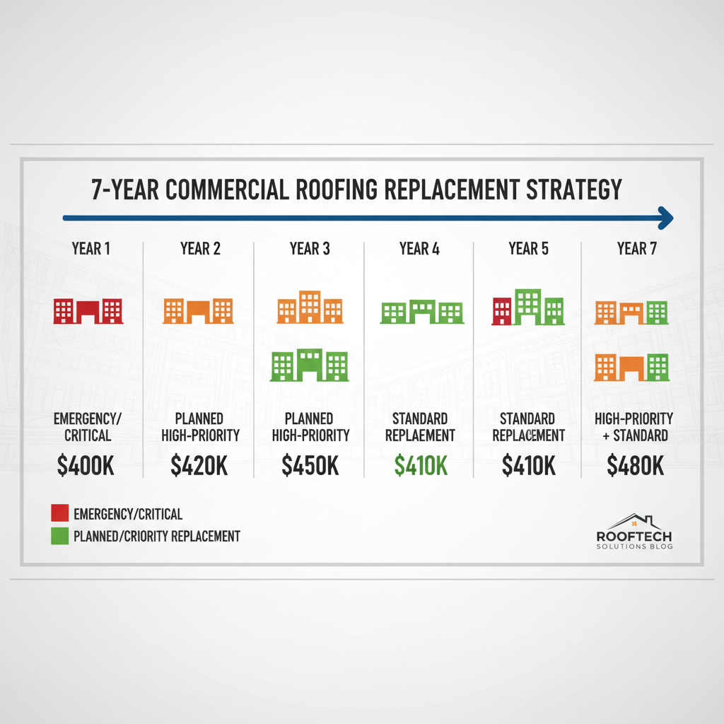 Seven-year phased roofing replacement timeline showing annual building priorities and budgets