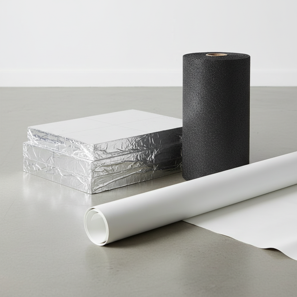 Rolls of TPO and modified bitumen next to a stack of polyiso insulation boards, representing petroleum-based roofing materials.