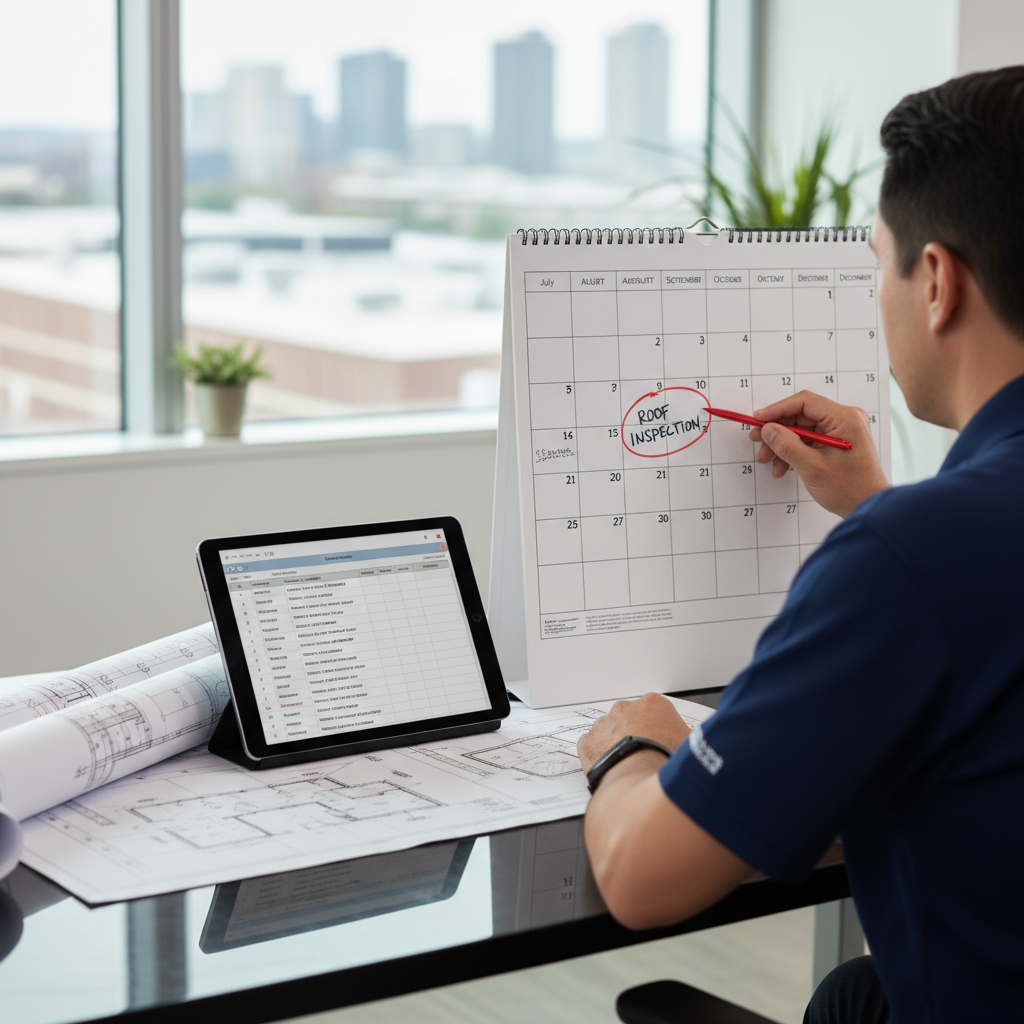 A facility manager reviewing a calendar and roofing blueprints, planning to accelerate a project.