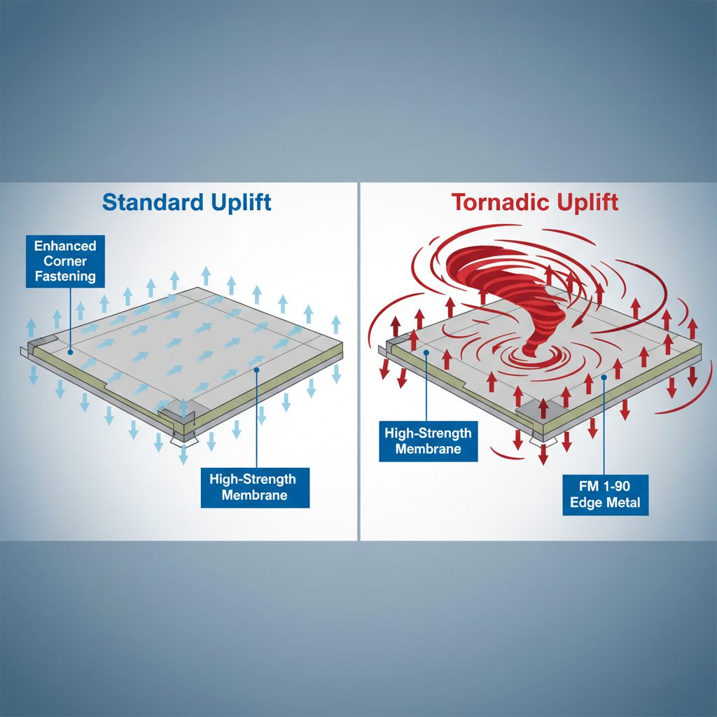 Infographic comparing standard wind uplift to the more extreme tornadic uplift forces on a commercial roof.