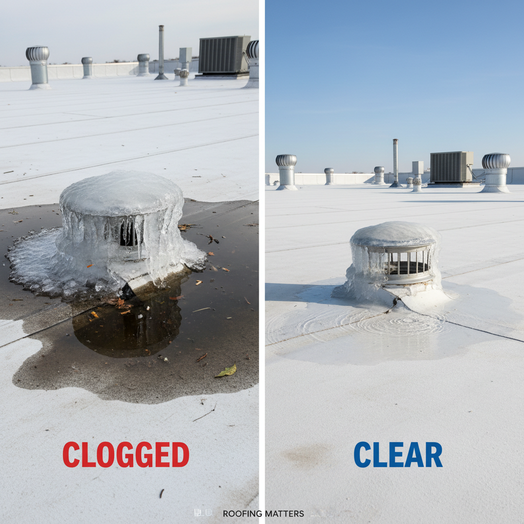 Split image showing a roof drain clogged with ice causing ponding water versus a clear, functioning roof drain.
