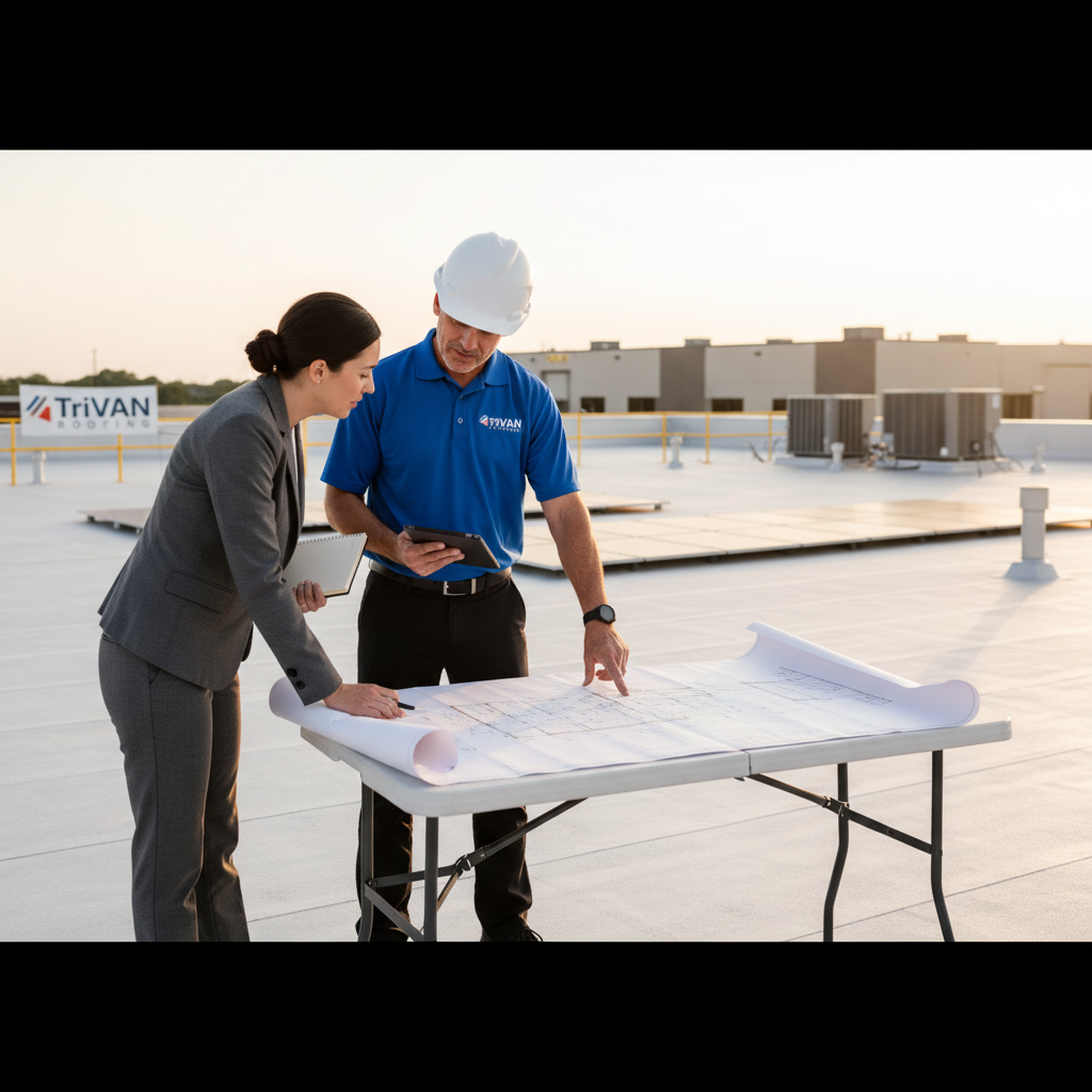 A TriVAN Roofing expert reviewing blueprints on a commercial roof with an Oklahoma facility manager.