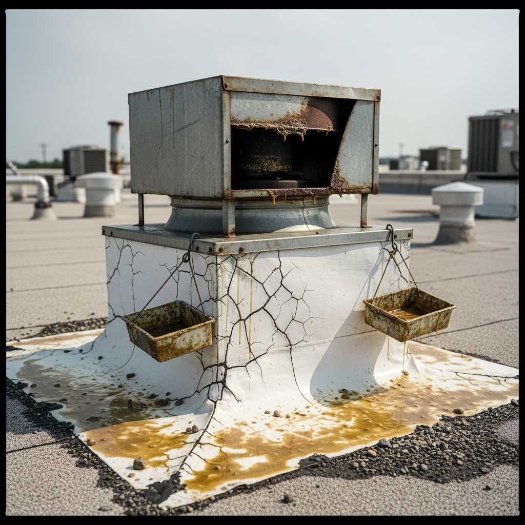 A close-up of a failed TPO roof membrane, cracked and softened by grease around an exhaust fan.