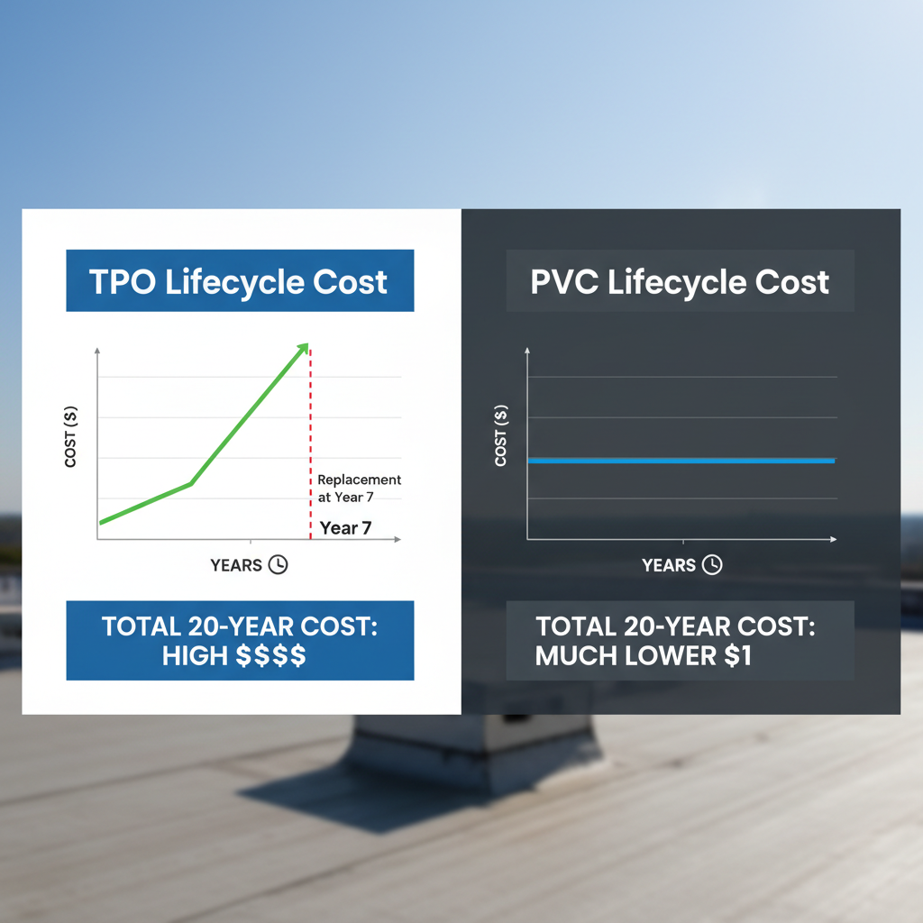 Infographic comparing the 20-year lifecycle cost of TPO vs. PVC roofs for restaurants, showing PVC is cheaper long-term.