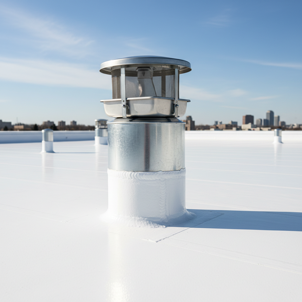 A detailed photo of a professionally installed PVC membrane flashed up a tall exhaust fan curb with clean welds.