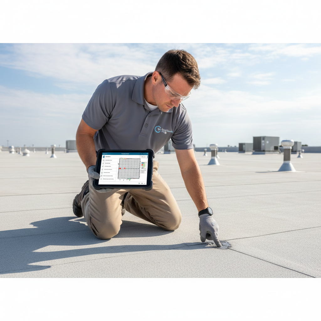 Commercial roofer on a TPO roof using a tablet to document an inspection of a roof seam.